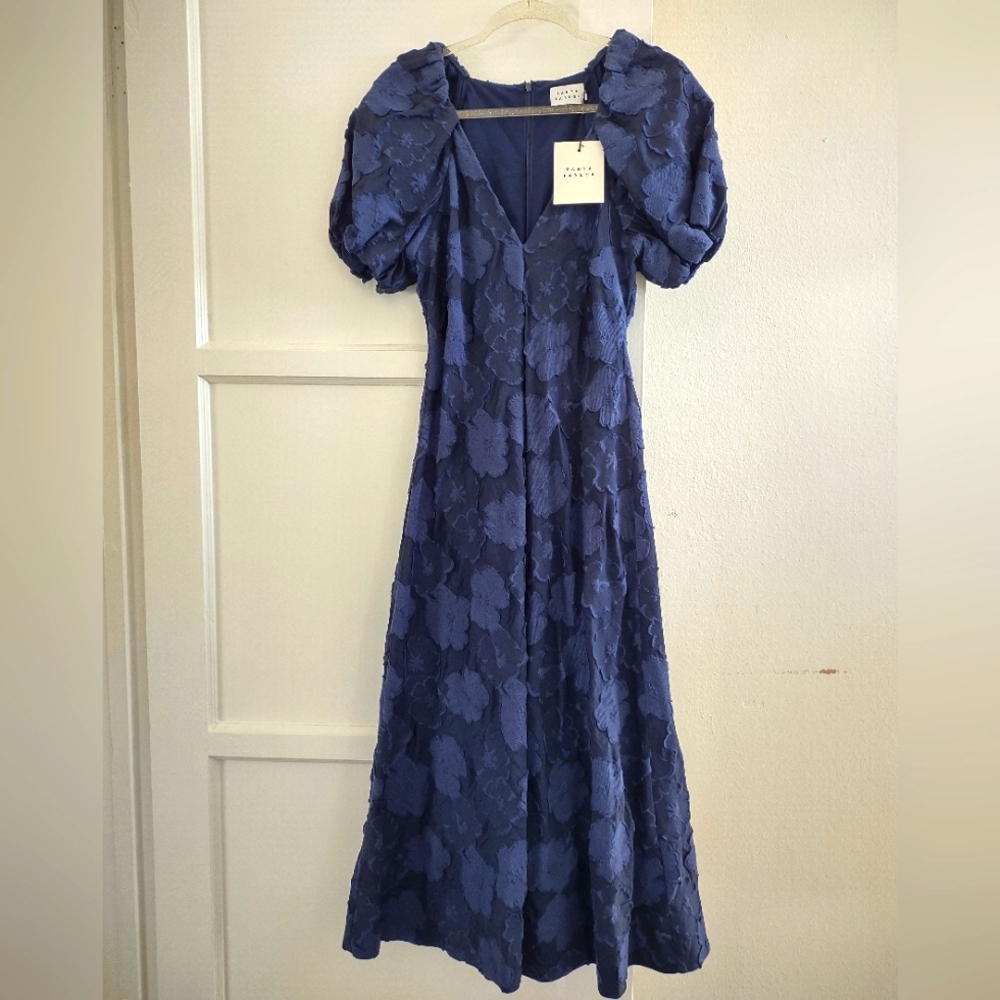 Tanya Taylor Harley Floral Navy Puff Sleeve VNeck Midi Dress - Picture 3 of 10